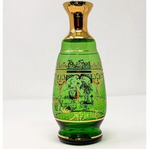 Vintage Bohemian Green Glass Vase Gold Enamel Courting Scene Czech